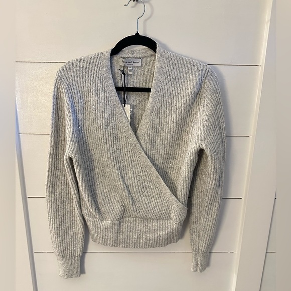 NWT SP MICHAEL STARS Laurel grey sparkle detail woman surplice Wrap rib sweater - Picture 2 of 16
